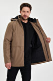 Kahverengi İçi Kalın Kürklü Çıkartılabilir Kapüşonlu Rüzgar Ve Su Geçirmez Mont&Kaban