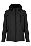 Siyah Erkek %100 Su Geçirmez İçi Polarlı İç Çepli Çıkartılabilir Kapüşonlu Softshell Mont&Kaban 