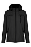 Siyah Erkek %100 Su Geçirmez İçi Polarlı İç Çepli Çıkartılabilir Kapüşonlu Softshell Mont&Kaban 