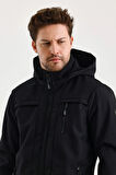 Siyah Erkek %100 Su Geçirmez İçi Polarlı İç Çepli Çıkartılabilir Kapüşonlu Softshell Mont&Kaban 