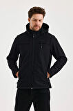 Siyah Erkek %100 Su Geçirmez İçi Polarlı İç Çepli Çıkartılabilir Kapüşonlu Softshell Mont&Kaban 