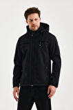 Siyah Erkek %100 Su Geçirmez İçi Polarlı İç Çepli Çıkartılabilir Kapüşonlu Softshell Mont&Kaban 