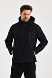 Siyah Erkek %100 Su Geçirmez İçi Polarlı İç Çepli Çıkartılabilir Kapüşonlu Softshell Mont&Kaban 