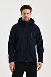 Lacivert Erkek %100 Su Geçirmez İçi Polarlı İç Çepli Çıkartılabilir Kapüşonlu Softshell Mont&Kaban 