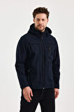 Lacivert Erkek %100 Su Geçirmez İçi Polarlı İç Çepli Çıkartılabilir Kapüşonlu Softshell Mont&Kaban 