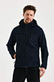 Lacivert Erkek %100 Su Geçirmez İçi Polarlı İç Çepli Çıkartılabilir Kapüşonlu Softshell Mont&Kaban 