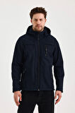 Lacivert Erkek %100 Su Geçirmez İçi Polarlı İç Çepli Çıkartılabilir Kapüşonlu Softshell Mont&Kaban 