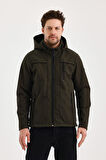 Yeşil Erkek %100 Su Geçirmez İçi Polarlı İç Çepli Çıkartılabilir Kapüşonlu Softshell Mont&Kaban 