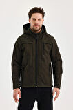 Yeşil Erkek %100 Su Geçirmez İçi Polarlı İç Çepli Çıkartılabilir Kapüşonlu Softshell Mont&Kaban 