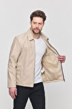 Krem Erkek Basic Suni Deri Yazlık Ceket&Mont