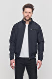 Erkek Lacivert Mevsimlik Triko Detaylı Fermuarlı İç Cepli Mont&Ceket