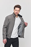 Erkek Gri Mevsimlik Triko Detaylı Fermuarlı İç Cepli Mont&Ceket