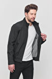 Erkek Siyah Mevsimlik Triko Detaylı Fermuarlı İç Cepli Mont&Ceket