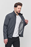 Erkek Antrasit Mevsimlik Triko Detaylı Fermuarlı İç Cepli Mont&Ceket