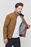 Erkek Koyu Kahverengi Mevsimlik Triko Detaylı Fermuarlı İç Cepli Mont&Ceket