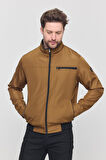 Erkek Koyu Kahverengi Mevsimlik Triko Detaylı Fermuarlı İç Cepli Mont&Ceket