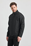 Siyah Erkek Pamuk Polyester Karışımlı Çift Göğüs Fermuarlı Su Ve Rüzgar Geçirmez Mevsimlik&Yazlık Mont