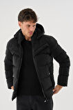 Erkek Siyah Su Ve Rüzgar Geçirmez Kürklü Çıkartılabilir Kapüşonlu  Mont&Kaban