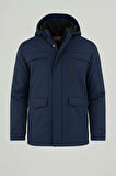 Erkek Lacivert Pamuk Polyester Karışımlı Kürklü Çıkartılabilir Kapüşonlu Mont&Kaban
