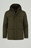 Erkek Yeşil Pamuk Polyester Karışımlı Kürklü Çıkartılabilir Kapüşonlu Mont&Kaban