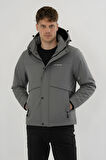 Erkek Gri Su Ve Rüzgar Geçirmez Çıkartılabilir Kapüşonlu Softshell Mont&Kaban