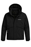 Erkek Siyah Su Ve Rüzgar Geçirmez Çıkartılabilir Kapüşonlu Softshell Mont&Kaban