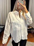 Ekru Çizgi Detaylı Oversize Gömlek