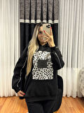 Leopar Detay Kapüşonlü Sweatshirt Siyah