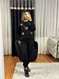 Kalp Detay Taş İşleme Sweatshirt Siyah