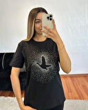 Marka Muadil Kuş Serpme Taşlı T-Shirt Siyah