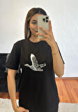 Marka Muadil Kuş Gümüş Kompakt T-Shirt Siyah