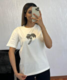 Marka Muadil Palmiye Taşlı T-Shirt Kırık Beyaz
