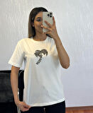 Marka Muadil Palmiye Taşlı T-Shirt Kırık Beyaz