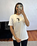 Marka Muadil Kaz Mec Zincir Taşlı T-Shirt Kırık Beyaz