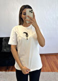 Marka Muadil Kaz Mec Zincir Taşlı T-Shirt Kırık Beyaz