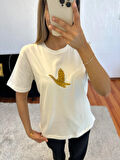 Marka Muadil Gold Taşlı Kuş T-Shirt Kırık Beyaz