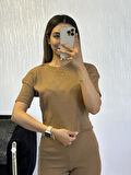 Fitilli Esnek Kumaş Basic Takım Camel
