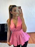 Eteği Valonlu Beli Kuşaklı Kruvaze Poplin Bluz Pembe