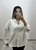 Keten Oversize Gömlek Krem Çizgili