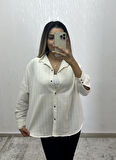 Keten Oversize Gömlek Krem Çizgili