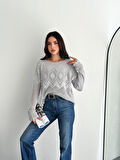 KADIN GRİ MİNİK PONPONLU AJURLU MEVSİMLİK PAMUK TRİKO BLUZ