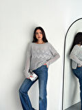 KADIN GRİ MİNİK PONPONLU AJURLU MEVSİMLİK PAMUK TRİKO BLUZ