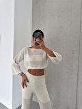 KADIN KREM KAYIK YAKA CROP - PANTOLON ASTARLI YAZLIK TRİKO TAKIM