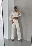 KADIN KREM KAYIK YAKA CROP - PANTOLON ASTARLI YAZLIK TRİKO TAKIM