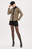 KADIN CAMEL LEOPAR DESENLİ SAKALLI YUMOŞ TRİKO HIRKA