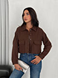 KADIN KAHVERENGİ CEP DETAYLI YAKALI CEKET / GÖMLEK