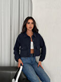 KADIN LACİVERT CEP DETAYLI YAKALI CEKET / GÖMLEK