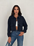 KADIN LACİVERT CEP DETAYLI YAKALI CEKET / GÖMLEK