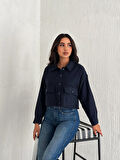 KADIN LACİVERT CEP DETAYLI YAKALI CEKET / GÖMLEK