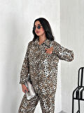 KADIN CAMEL LEOPAR GABARDİN KUMAŞ PANTOLON GÖMLEK 2'Lİ TAKIM 